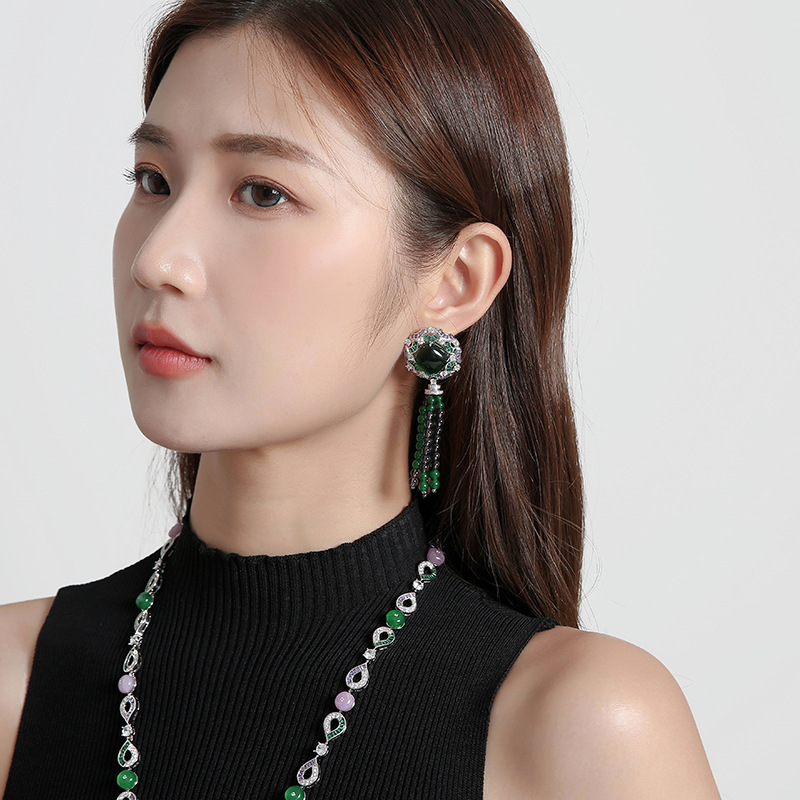 Retro Chinese Style Tassel Earrings 18K Gold Plated Emerald Handmade Beaded Fashion Personality Women's Jewelry Accessories