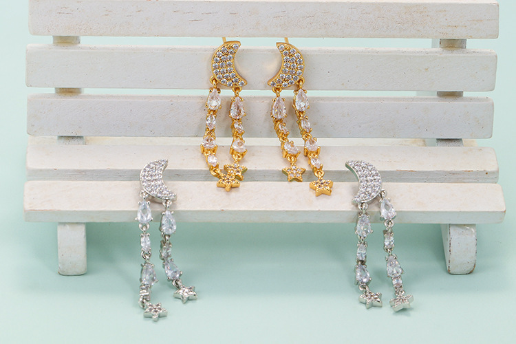 Korean Long Star And Moon Earrings Personality Tassel Copper Earrings