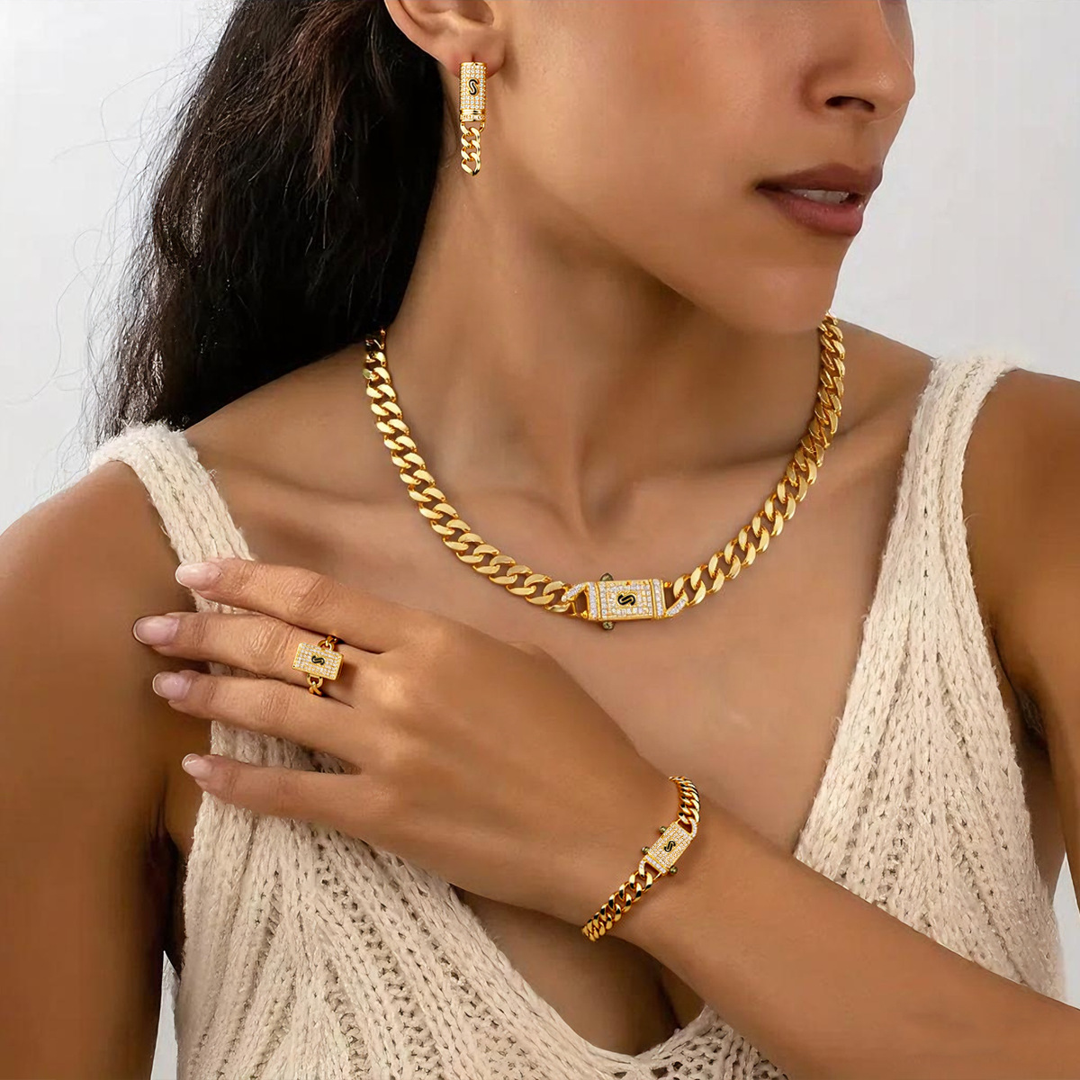 24K Gold Plated Cuban Link Necklace Earrings Bracelet Ring Set Hip Hop Jewelry Zirconia  Personalized Accessories