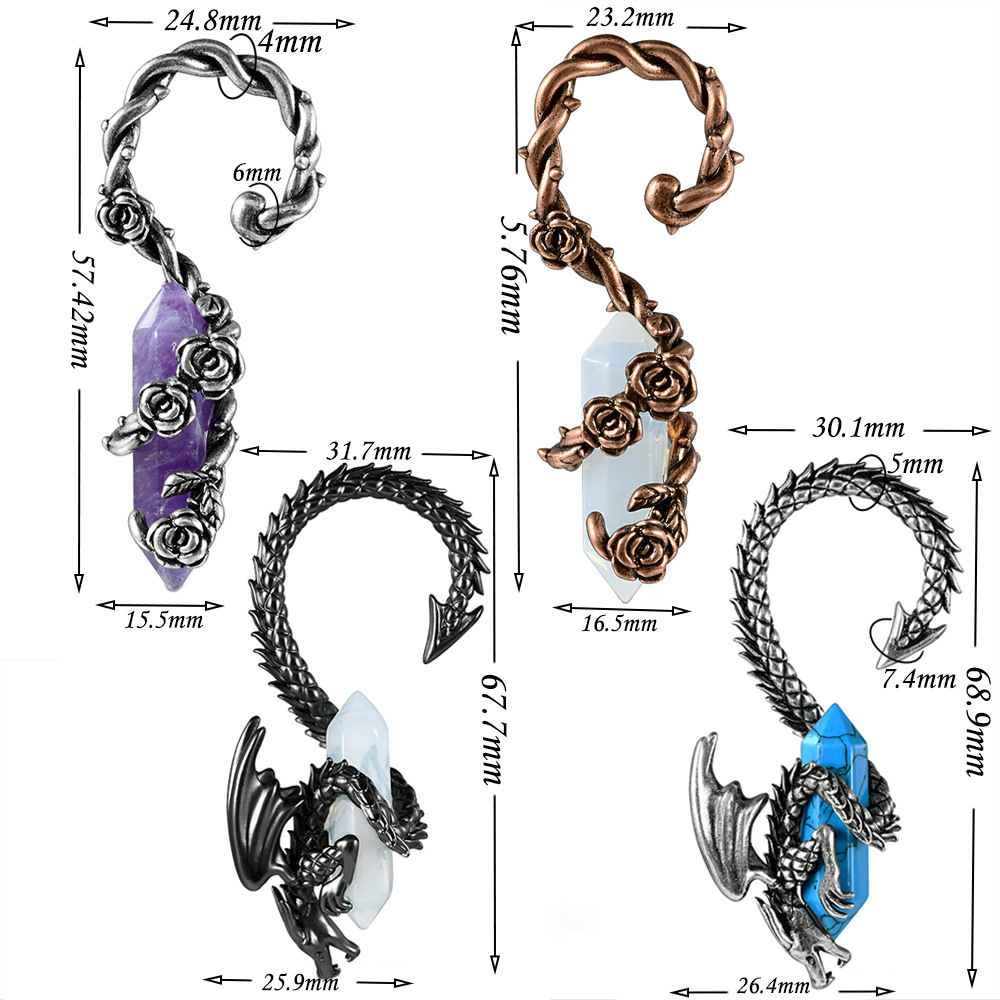 Antique Silver Rose Flower Ear Cuff Winged Dragon Blue Turquoise Dangling Earrings Pierced Copper Ear Jewelry Accessories