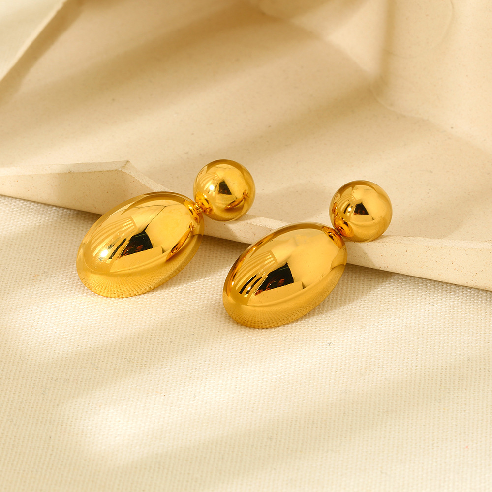 Geometric Stainless Steel Earrings Gold Plated 18K Smooth Surface Oval And Round Shaped Fashionable Women's Jewelry Accessories