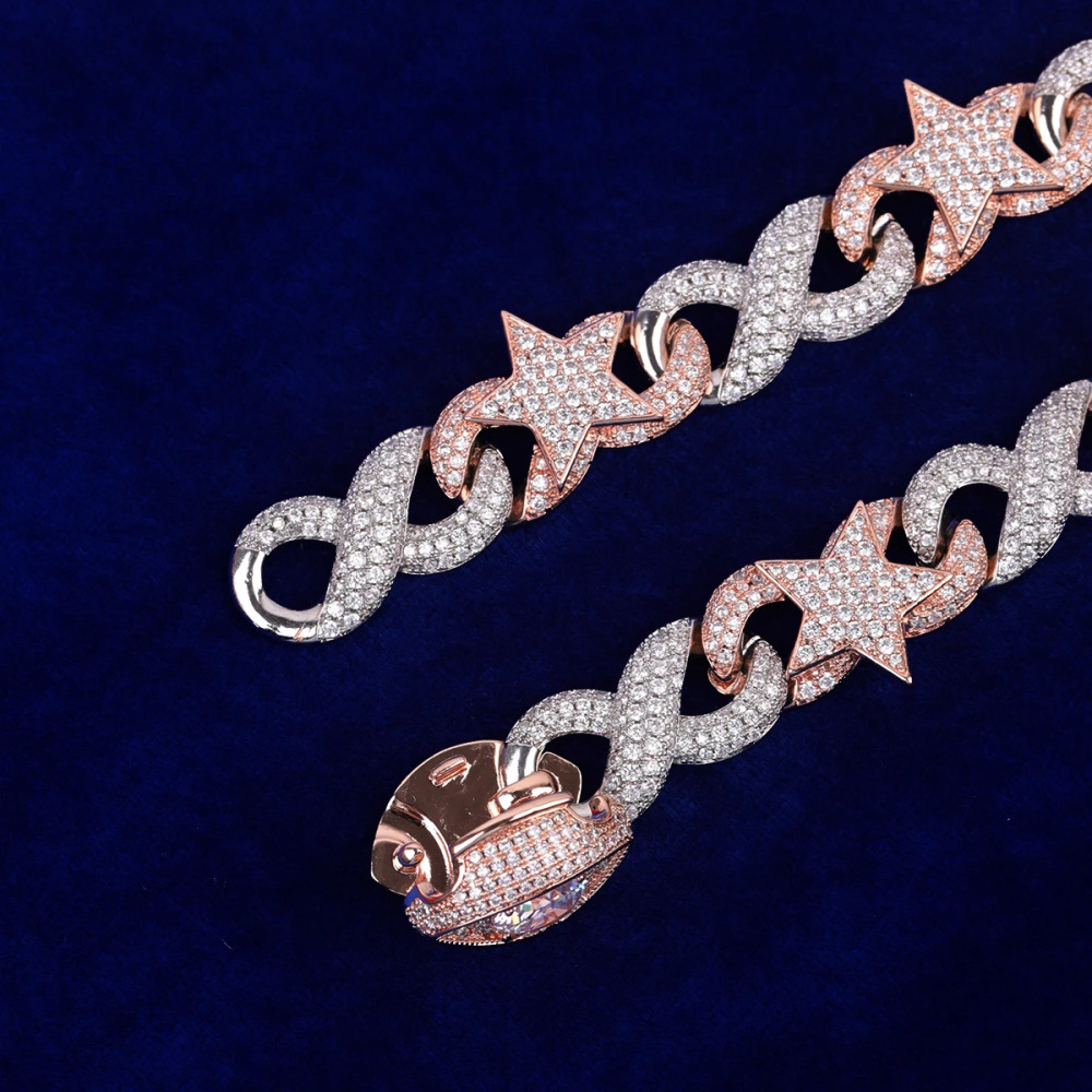 Double Color Cuban Chain Necklace With Zircon Inlayed Copper Star Eye Lockbone Chain Hip Hop Style Unisex Jewelry Accessory