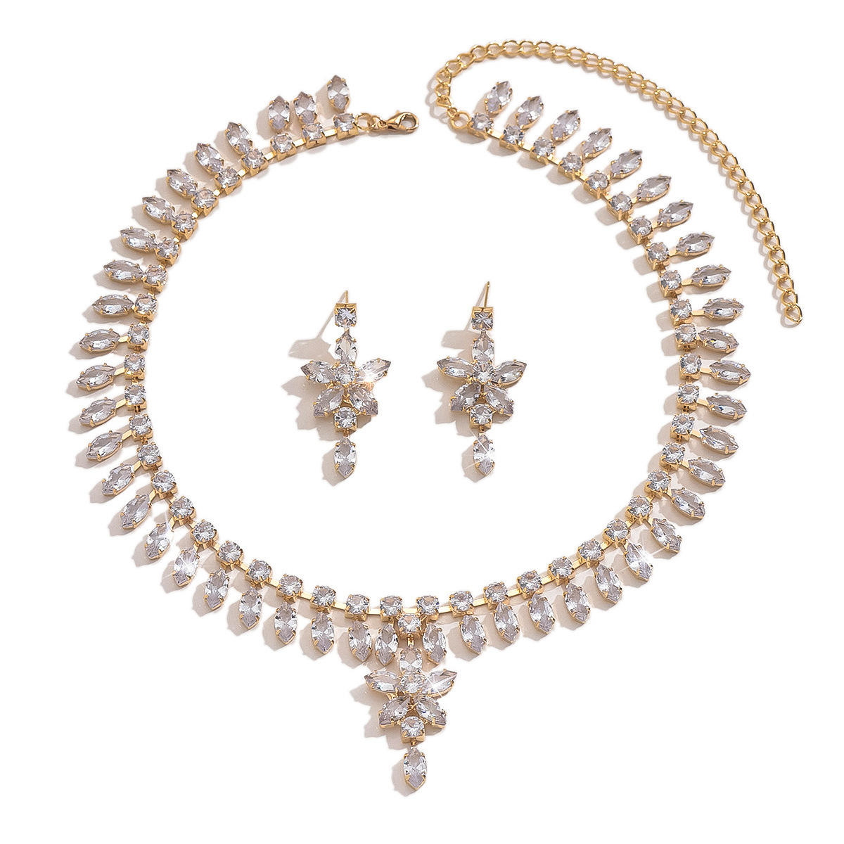 Elegant Long Diamond Bridal Jewelry Set Simple Fashion Zircon Wedding Accessories Two-Piece Earring Necklace Jewelry Set