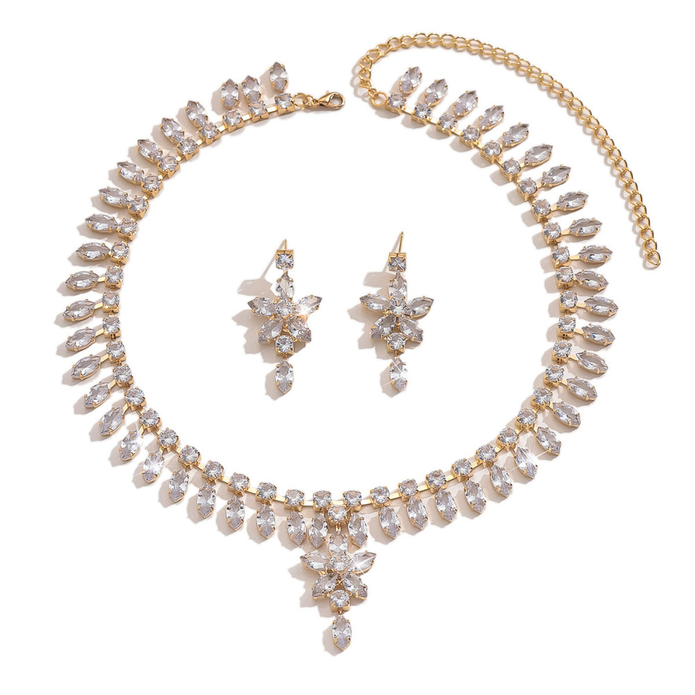 Elegant Long Diamond Bridal Jewelry Set Simple Fashion Zircon Wedding Accessories Two-Piece Earring Necklace Jewelry Set