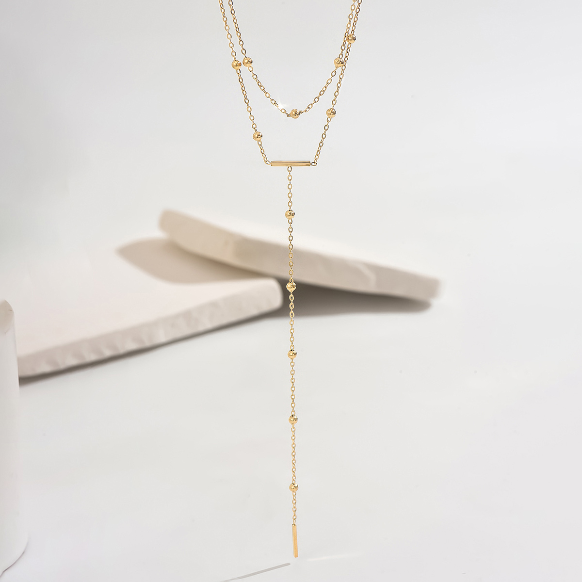 14K Real Gold Plated Vacuum Electroplating (In Furnace) Simple 304 Stainless Steel Y-shaped Small Round Ball Necklace Double Layer Stacked Tassel Round Cable Chain/Cross Chain/O-shaped Chain