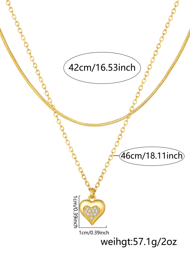 Fashion Layered Accessories: 18K Gold Plated Copper Heart-Shaped Hollow Pendant Necklace And Checkered Paperclip Set, Shiny Cubic Zirconia, Essential For Women