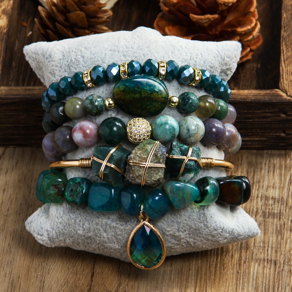 Fashion Bohemian Style 5-Piece Set Natural Stone Glass Elastic Open Bracelet Irregular Shape Women's Fashion Accessories