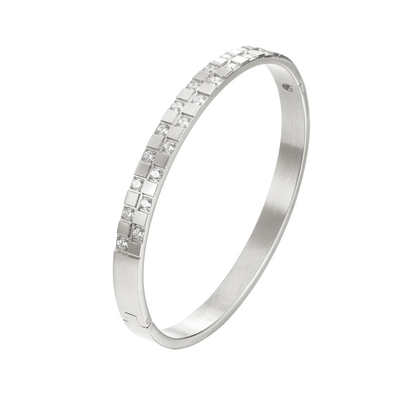 Titanium Steel Inlaid Diamond Wide Bracelet Square Grid Women's Accessories Rose Gold And Silver Black