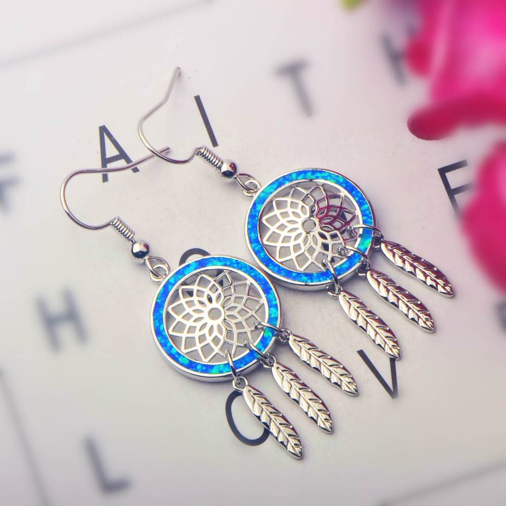 Oceanic Dream Weaving Opal Earrings Beach Girl Sweet Style Geometric Pattern Copper Jewelry Accessories