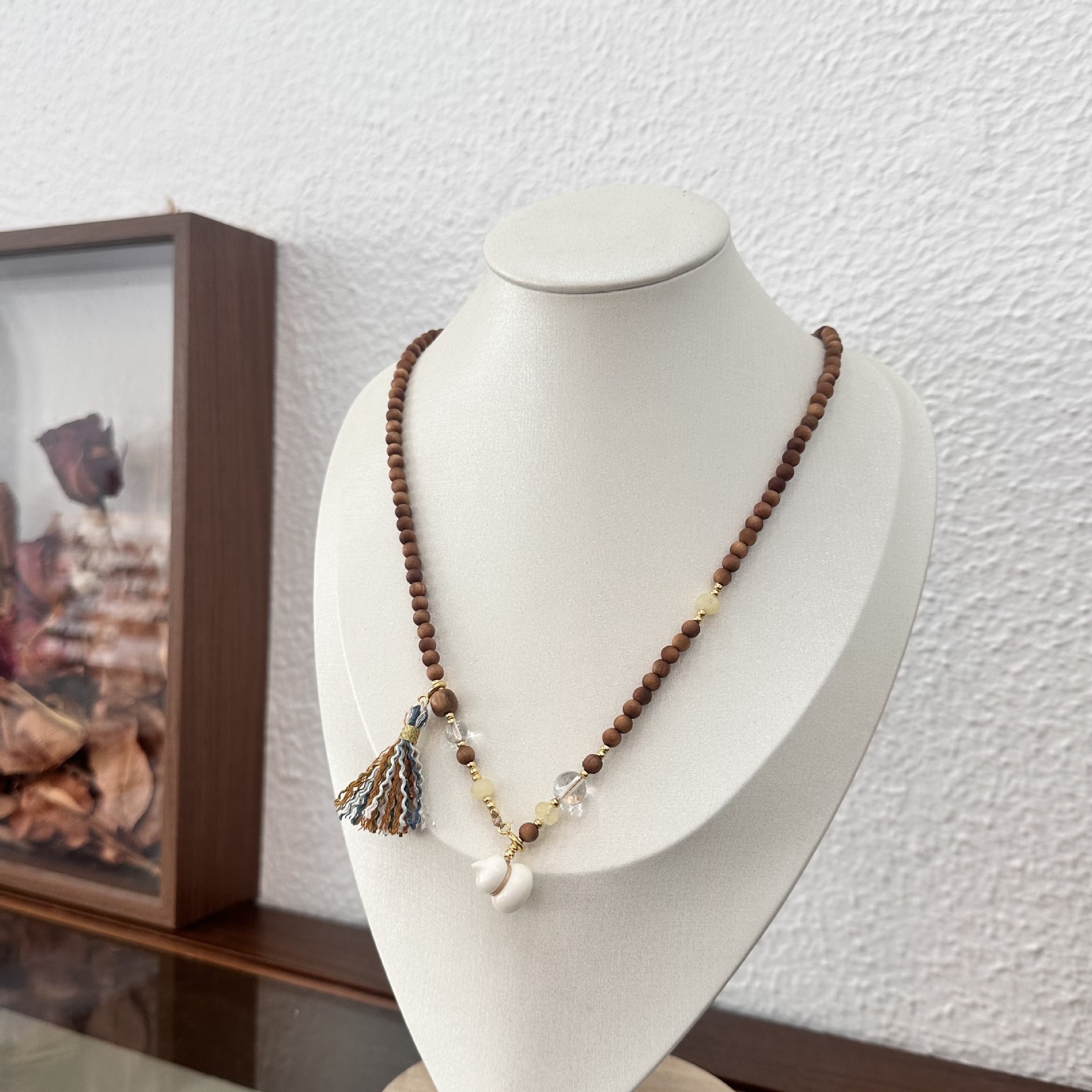 New Chinese Style Long Necklace With White Crystal Camel Bone Ivory Gourd Sandalwood Accessories Drawstring Design For Cheongsam