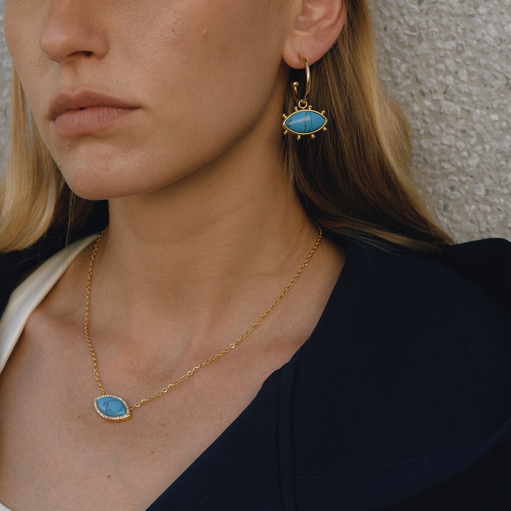 Ladies Vintage Style 18K Gold Plated Stainless Steel Turquoise Evil Eye Pendant Necklace Blue Lapis Lazuli Devil Eye Jewelry