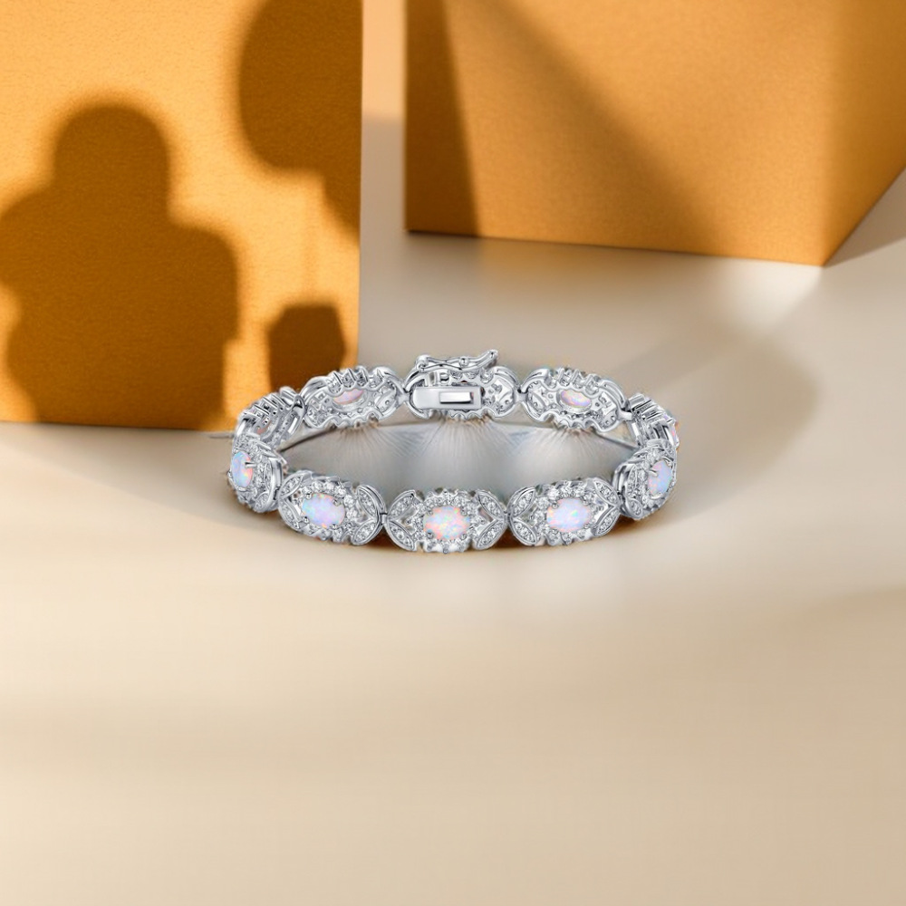 Fashionable Oval Shaped Opal Bracelet Elegant Geometric Pattern Copper Jewelry Colorful Gemstone Accessories For Women