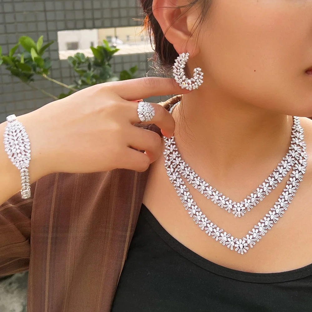 Copper Material Water Plated Rhodium White Gold Inlaid Zircon Snowflake Shape Women's Banquet Jewelry Four-Piece Jewelry Set Tennis Chain (Full Diamond Chain)
