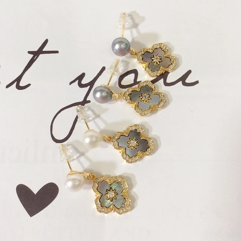 Natural Fresh Water Pearl Earrings Women's French Royal Style Cross Pearl Stud Earrings Natural Sea Shell Fritillary Inlaid