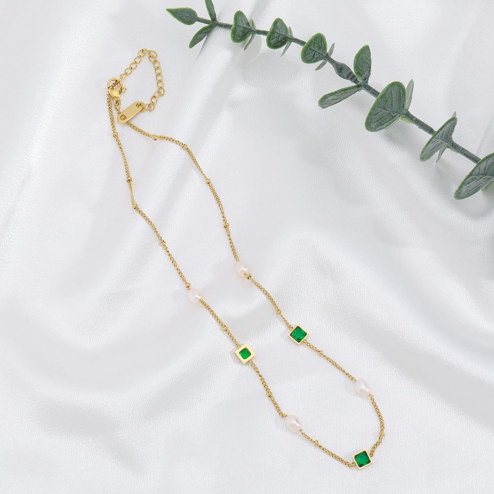 PVD Coated 18K Gold Plated Square Freshwater Pearl Titanium Steel Elegant French Style Classic Style Waterproof Non Tarnish Titanium Steel Necklace