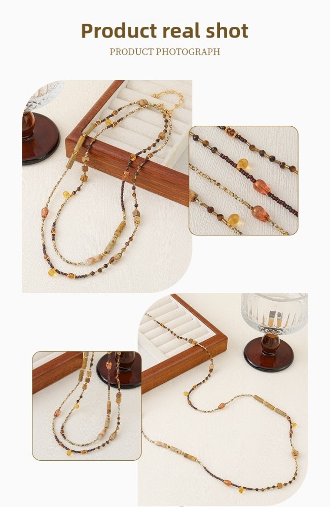 Ins Style Natural Stone Beaded Necklace Non-fading Sweater Chain Women's Vintage Accessories Autumn Winter Tiger Eye Stone Jewelry