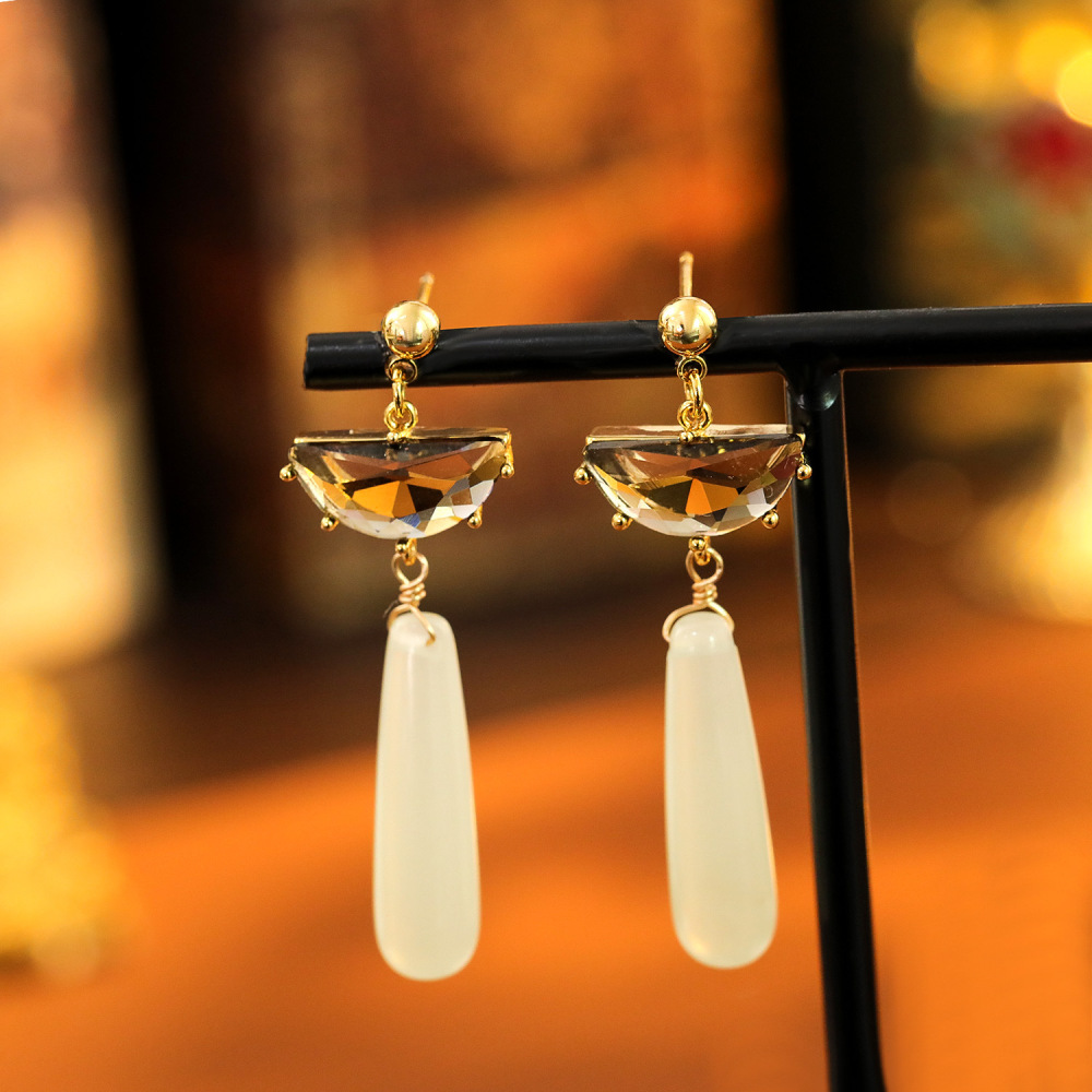 New Chinese Style Long Fan Shaped Agate Earrings Women's Fashion Autumn Winter Geometric Pattern Copper Jewelry Accessories