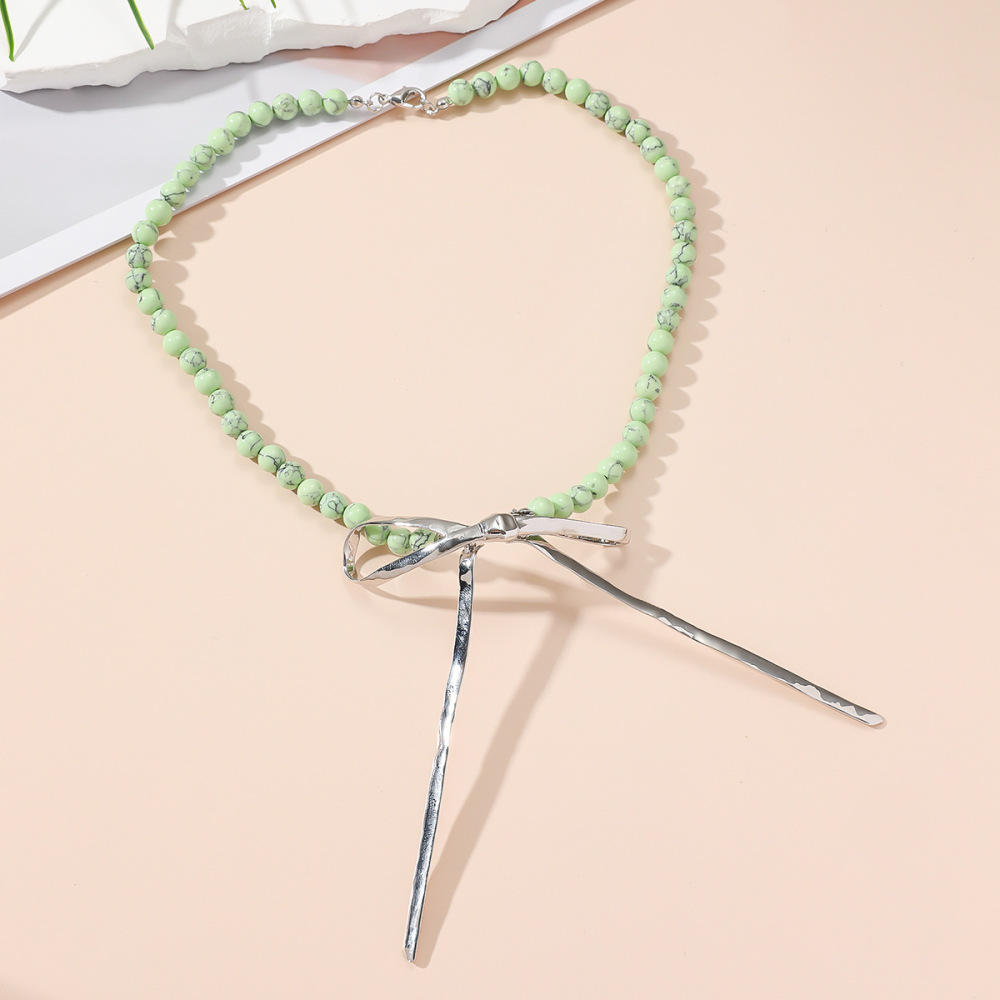 Suitable For Spring And Summer Season Metal Bowknot Collarbone Chain Black Line Turquoise Beaded Necklace Women's Jewelry Accessories