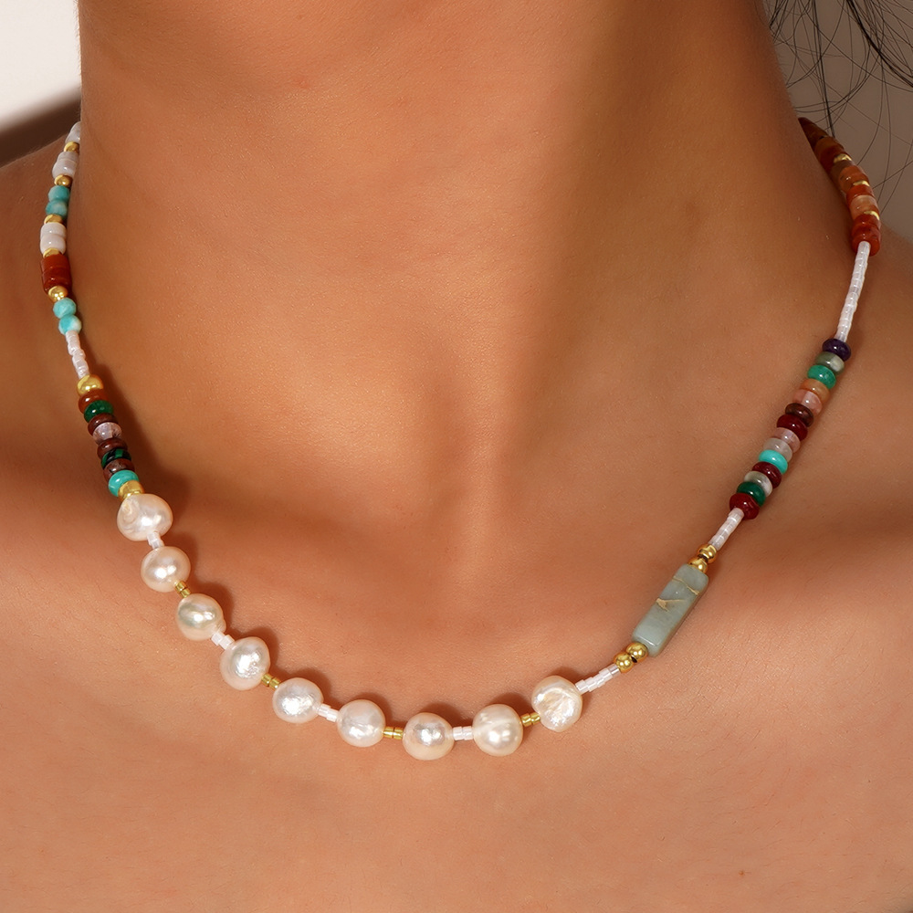 Multi-color Natural Stone Stitching Freshwater Pearl Necklace Ladies Lightweight Accessories Casual