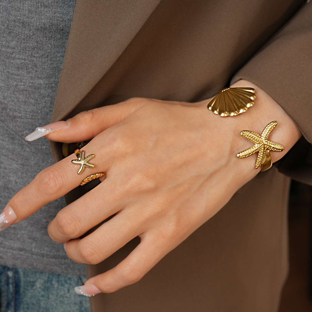 304 Stainless Steel Pearl Shell Starfish Open Ring Bracelet Beach Vacation Style Handmade Jewelry Accessories Flower Jewelry Set