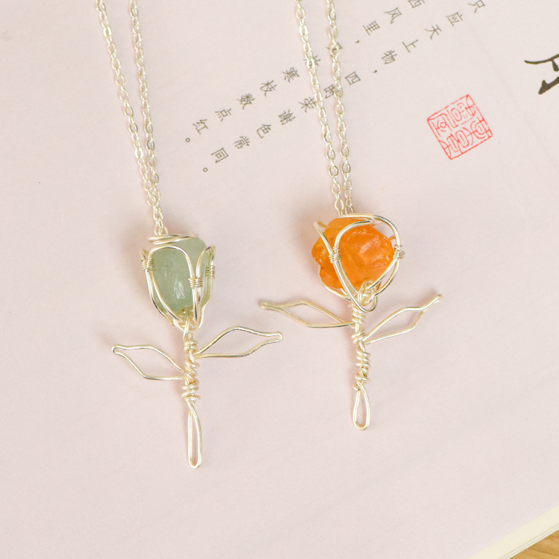 Handmade Silver Thread Pendant Natural Crystal Raw Stone Rose Shape Necklace Jewelry Accessories Factory Geometric Pattern Polished Rhodium Plated