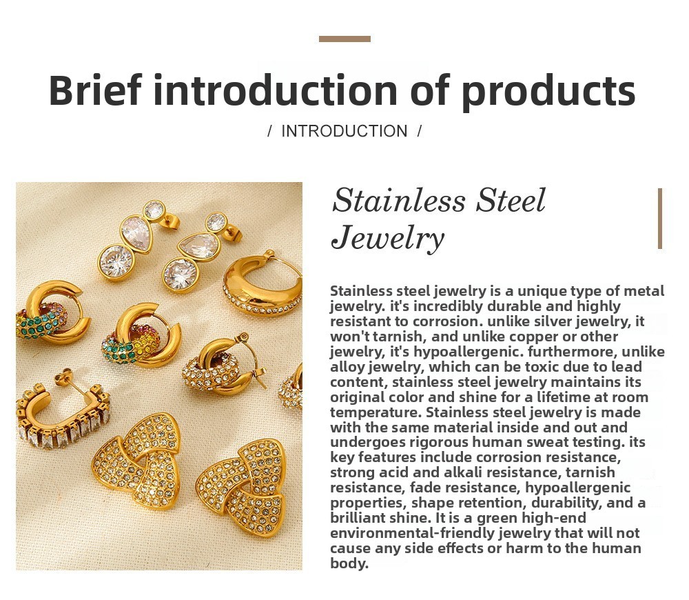 Geometric Stainless Steel Earrings Gold Plated Waterproof Design Women's Jewelry Accessories With Inlaid Diamonds