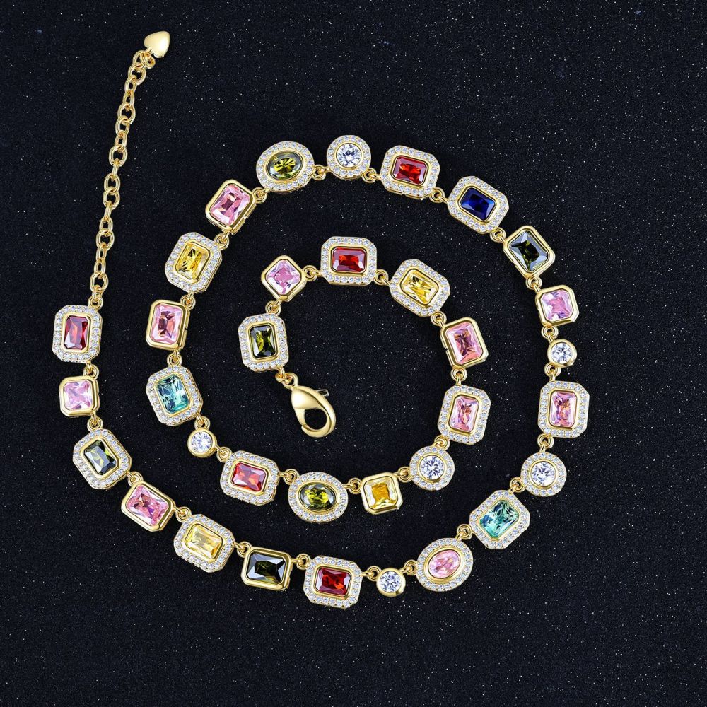 Colorful Gemstone Jewelry Set For Men And Women Hip Hop Style Zircon Necklace And Bracelet Popular Trendy Jewelry Accessories