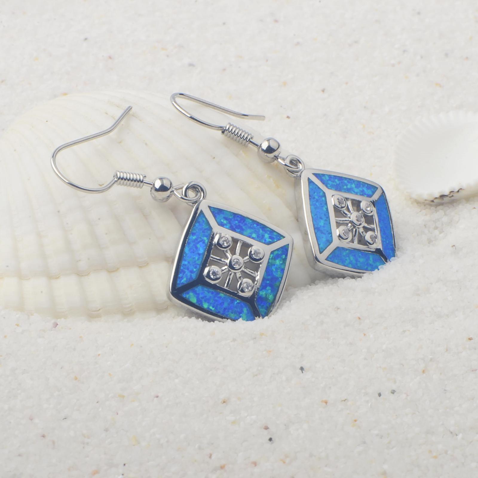 Hawaii Blue Women's Opal Earrings Simple Diamond Shape TikTok Ins European Style Jewelry Accessories Geometric Pattern Copper