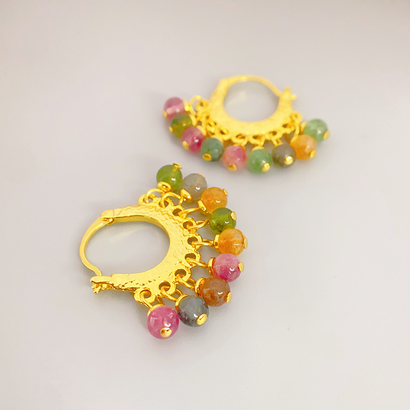 Elegant Chinese Court Style Tassel Topaz Stone Unique Women's Fashionable Versatile Trendy Earrings Geometric Pattern Retro Design