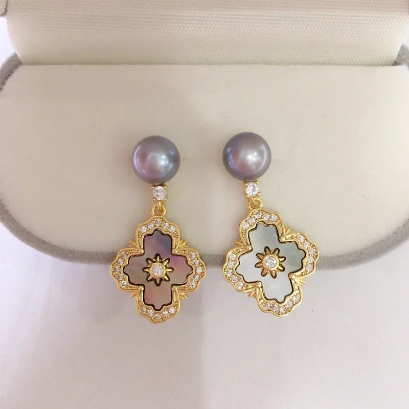 Natural Fresh Water Pearl Earrings Women's French Royal Style Cross Pearl Stud Earrings Natural Sea Shell Fritillary Inlaid