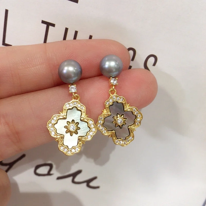Natural Fresh Water Pearl Earrings Women's French Royal Style Cross Pearl Stud Earrings Natural Sea Shell Fritillary Inlaid
