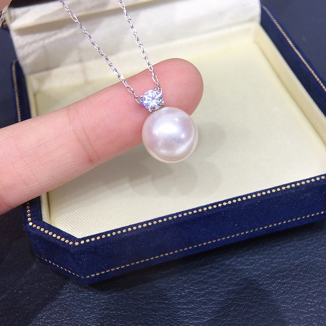 Natural Freshwater Pearl Necklace Single Bead Perfect Round Aurora Pearl Pendant S925 Sterling Silver Clavicle Chain Women's Style White