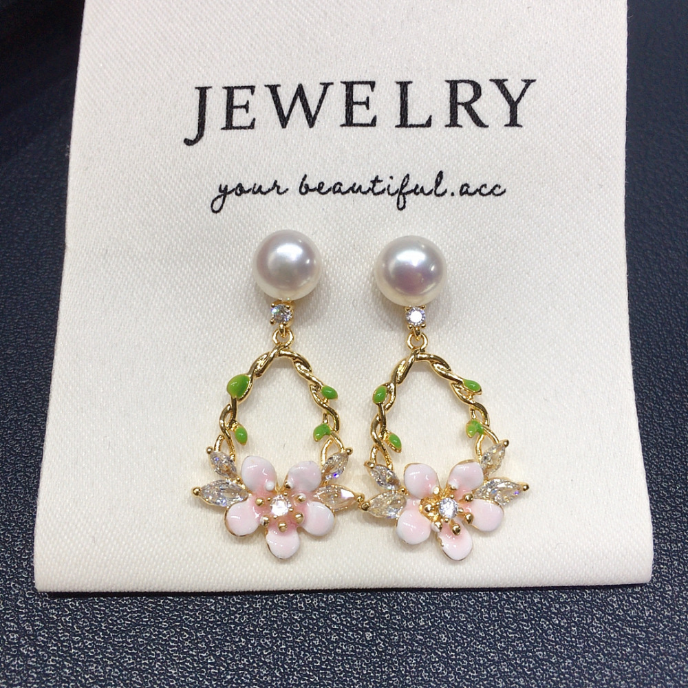 Natural Freshwater Pearl Earrings Women's Elegant Pink Flower Zirconia Studs Wedding Jewelry Fashionable Pearl Accessories