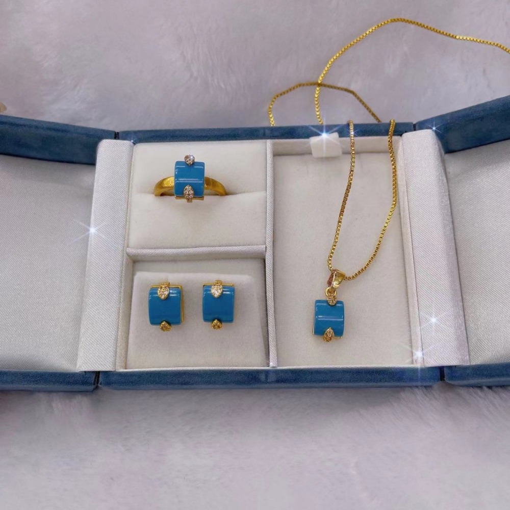 Fashion Ethnic Style Amber Necklace Ring Earring Set Fashion Collarbone Chain Embedded Accessories Pendant Women's Jewelry Set