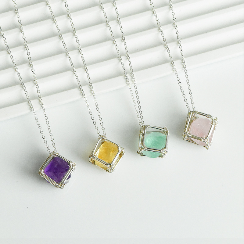 Natural Crystal Raw Stone Pendant Spiral Geometric Pattern Rhodium Plated (Silver) European Style Sugar Powder Purple Yellow Crystal Irregular Stone Necklace Accessories