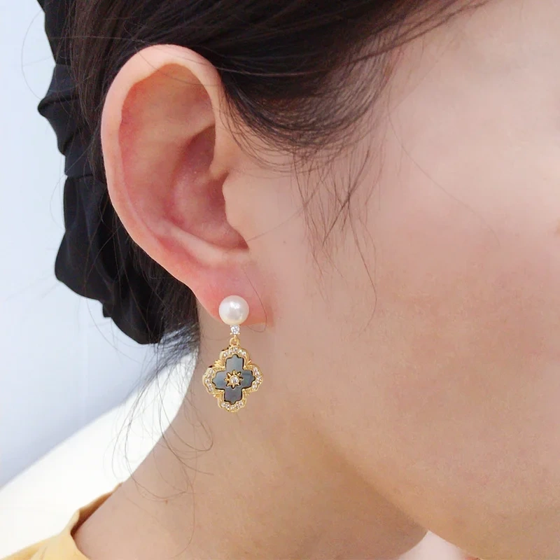Natural Fresh Water Pearl Earrings Women's French Royal Style Cross Pearl Stud Earrings Natural Sea Shell Fritillary Inlaid