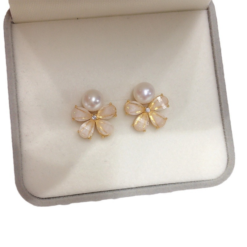 Natural Freshwater Pearl Earrings For Women 18K Gold Plated Flower Studs S925 Sterling Silver Posts Wedding Jewelry Accessories
