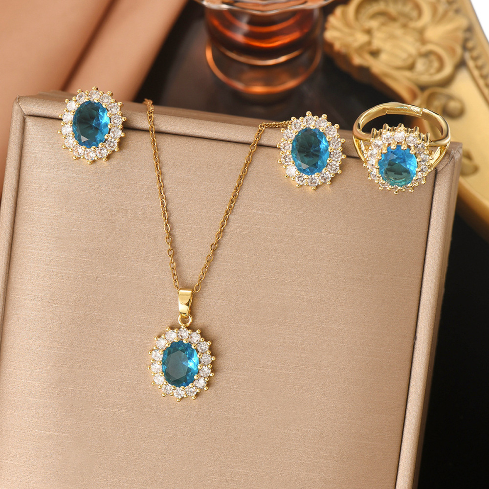 Elegant Blue Zirconia Jewelry Set  Style Necklace Earrings Rings Stainless Steel Luxury Accessories