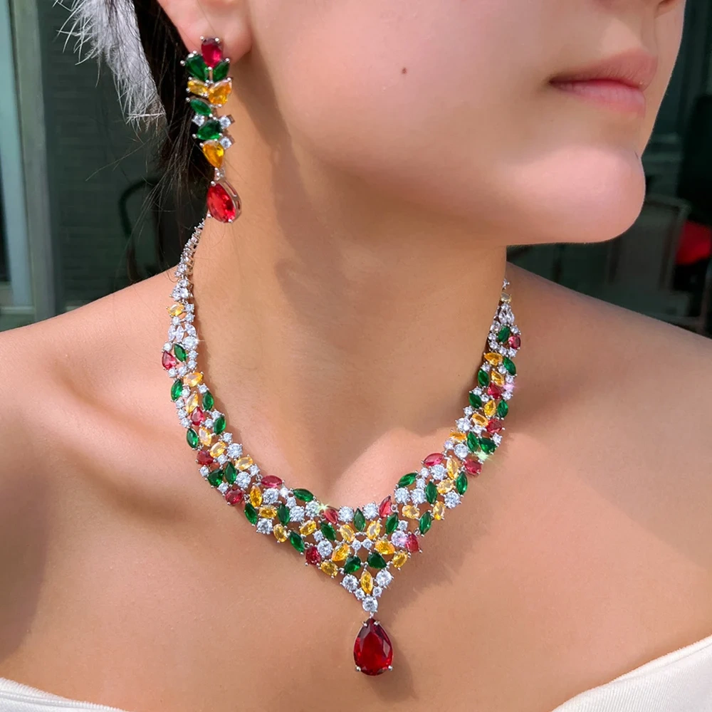 Copper Colorful Cubic Zirconia Necklace And Earrings Two-Piece Set Luxurious Water Drop Shaped Jewelry Set Suitable For Women Bridal Party Banquet Wedding Wear