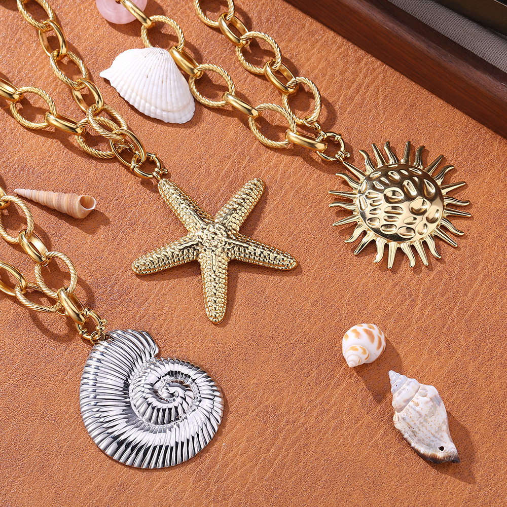Star And Conch Shell Pendant Women's Necklace Simple Design Summer Vacation Jewelry Accessories Silver Year Gold
