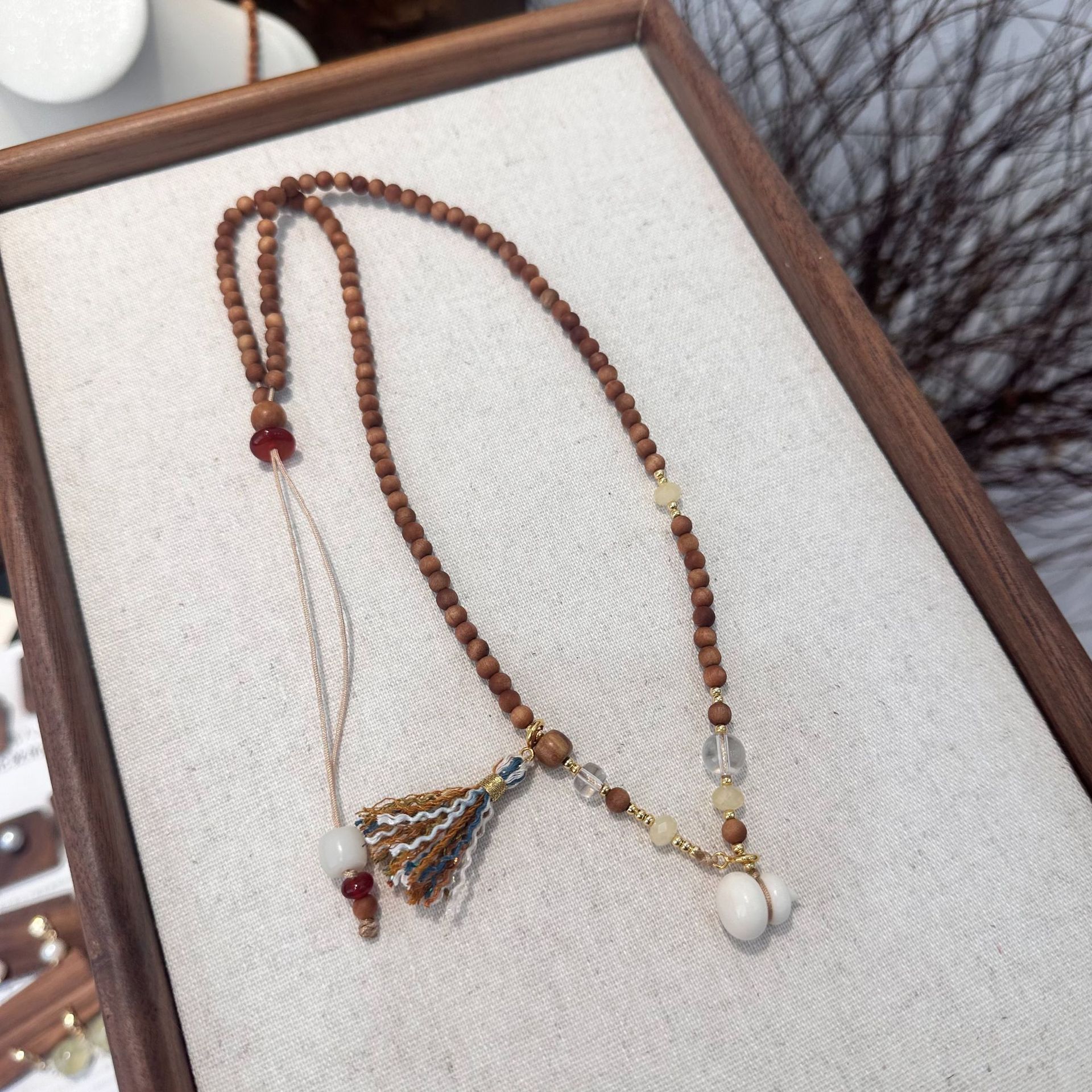 New Chinese Style Long Necklace With White Crystal Camel Bone Ivory Gourd Sandalwood Accessories Drawstring Design For Cheongsam