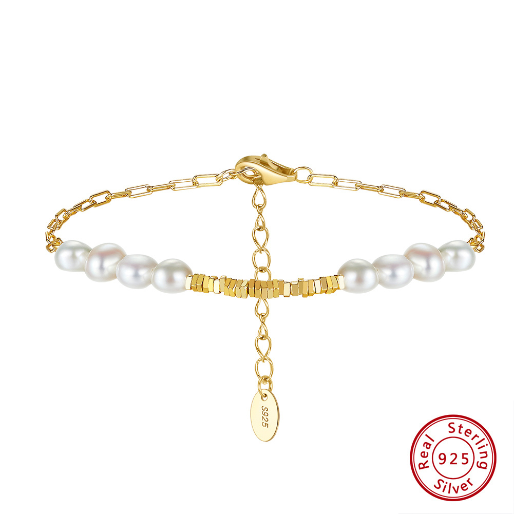Freshwater Pearl Sterling Silver Geometric Plated Freshwater Pearl Chain Elegant Simple Style Classic Style Plating Bracelets