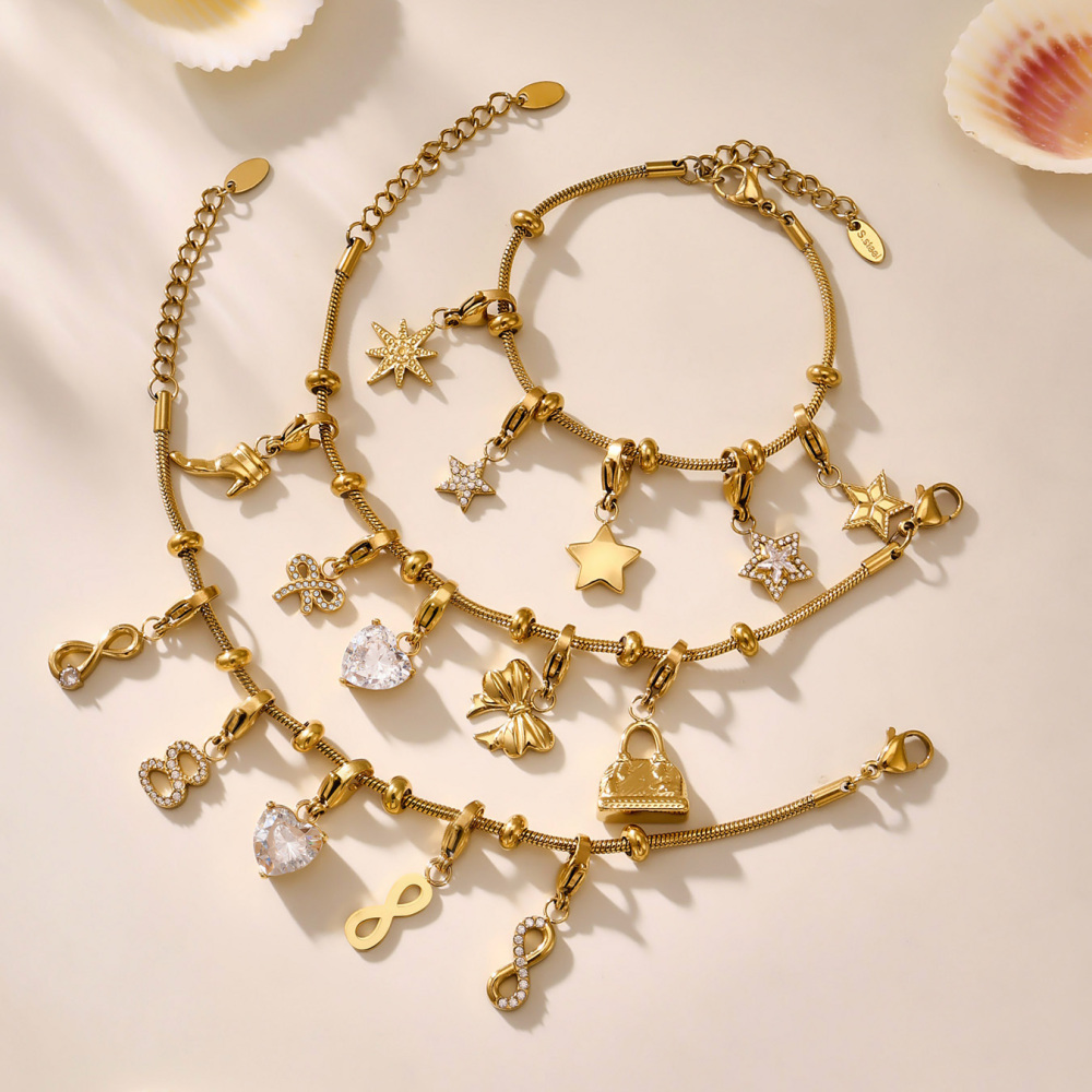 Full Drill 5A Zircon Heart Shaped Butterfly Knot High Heel Shoe Charms Stainless Steel 18K Gold Plated DIY Bracelet Accessories