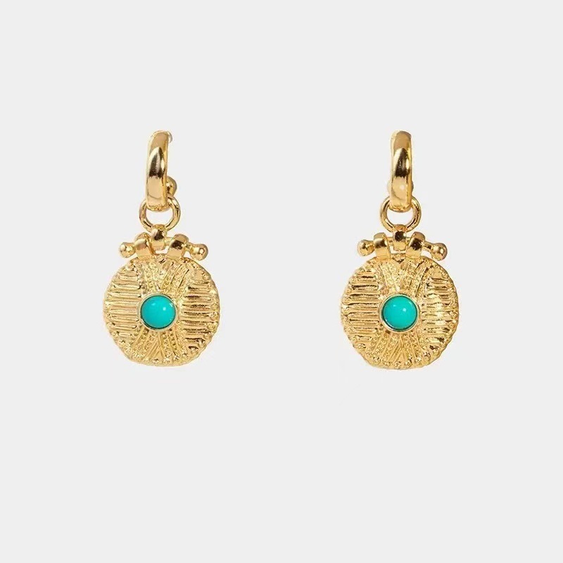 Retro Geometric Totem Green Turquoise Tiger Eye Gold Coin Earrings Women's High-End Feelings Ear Jewelry Fashion Accessories
