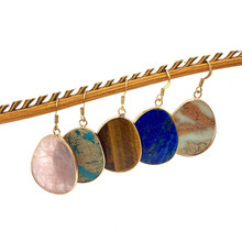 Natural Stone Tiger Eye Lazurite Pendant 26mm Round Edge Drop Earrings DIY Jewelry Accessories Women's Geometric Pattern