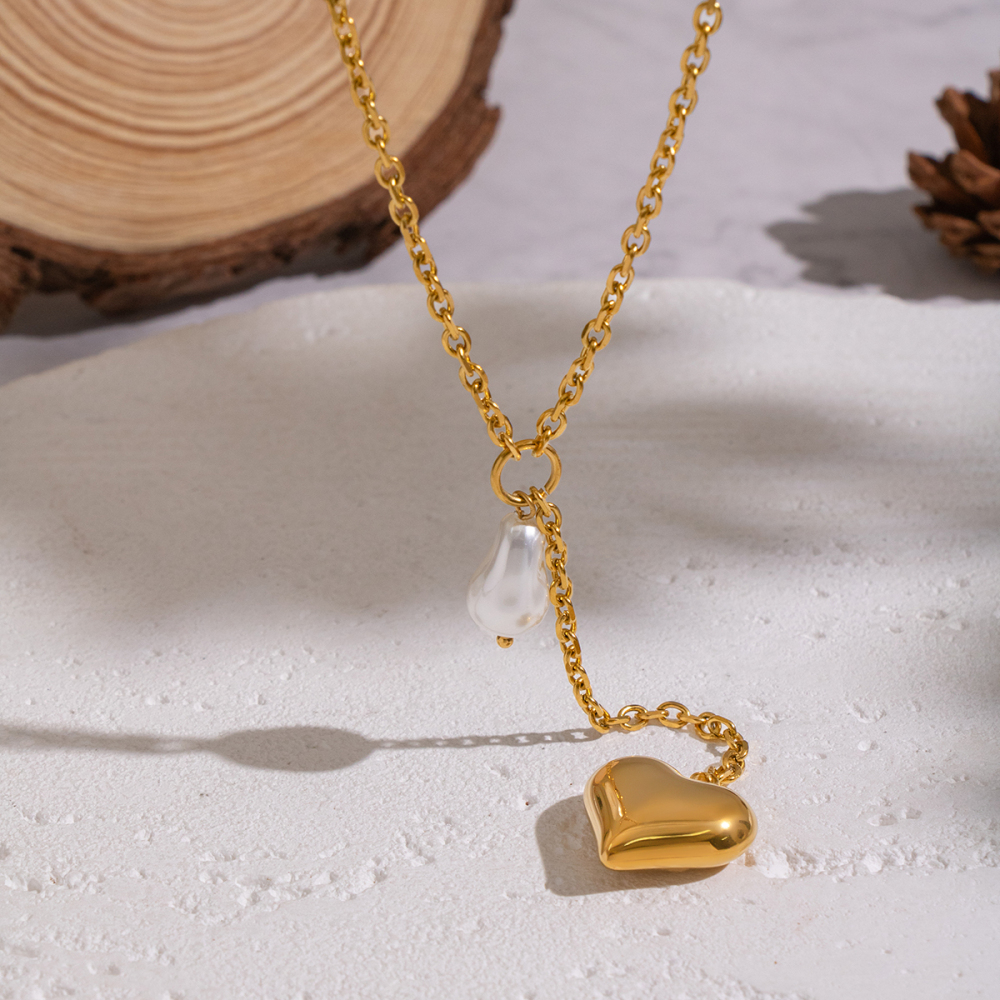 Personality Simple Baroque Imitation Pearl Heart Pendant Necklace Sweater Chain Light Luxury High-End Accessories Jewelry Vacuum Plating (Furnace)