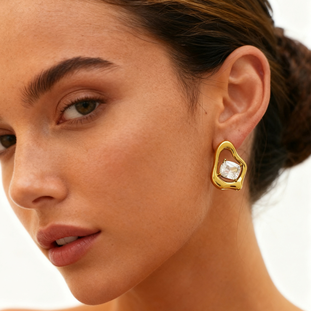 304 Stainless Steel Ladies 18k Gold Plated Zircon Asymmetric Earrings Jewelry Accessories Holiday Gifts