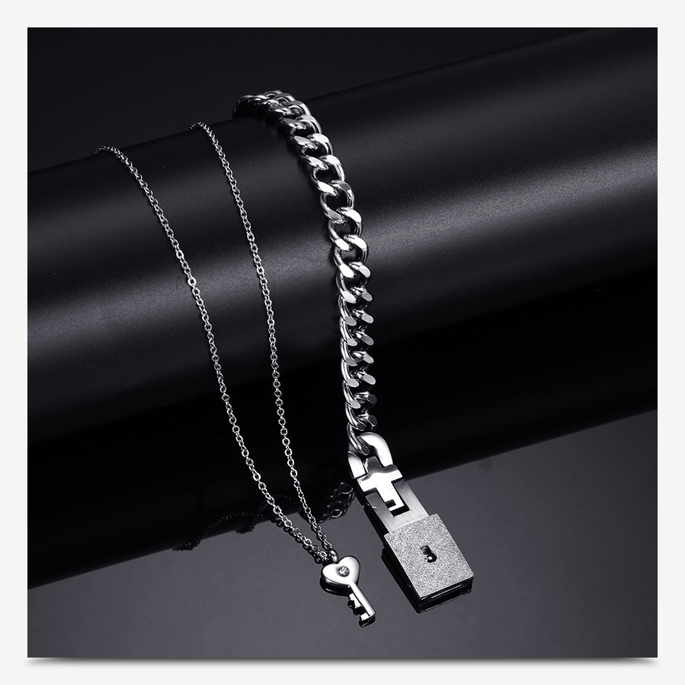 Fashion Creative Couple Lock Titanium Steel Bracelet Necklace Suit