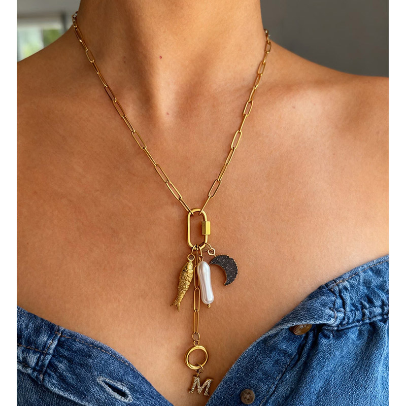 Women's 26 Letters 18K Gold Plated 304 Stainless Steel Vacuum Electroplated Waterproof Non-Fading Pearl Moon Fish Tassel Hypoallergenic Y-Chain Collarbone Chain Paperclip Chain Accessories Simple Style