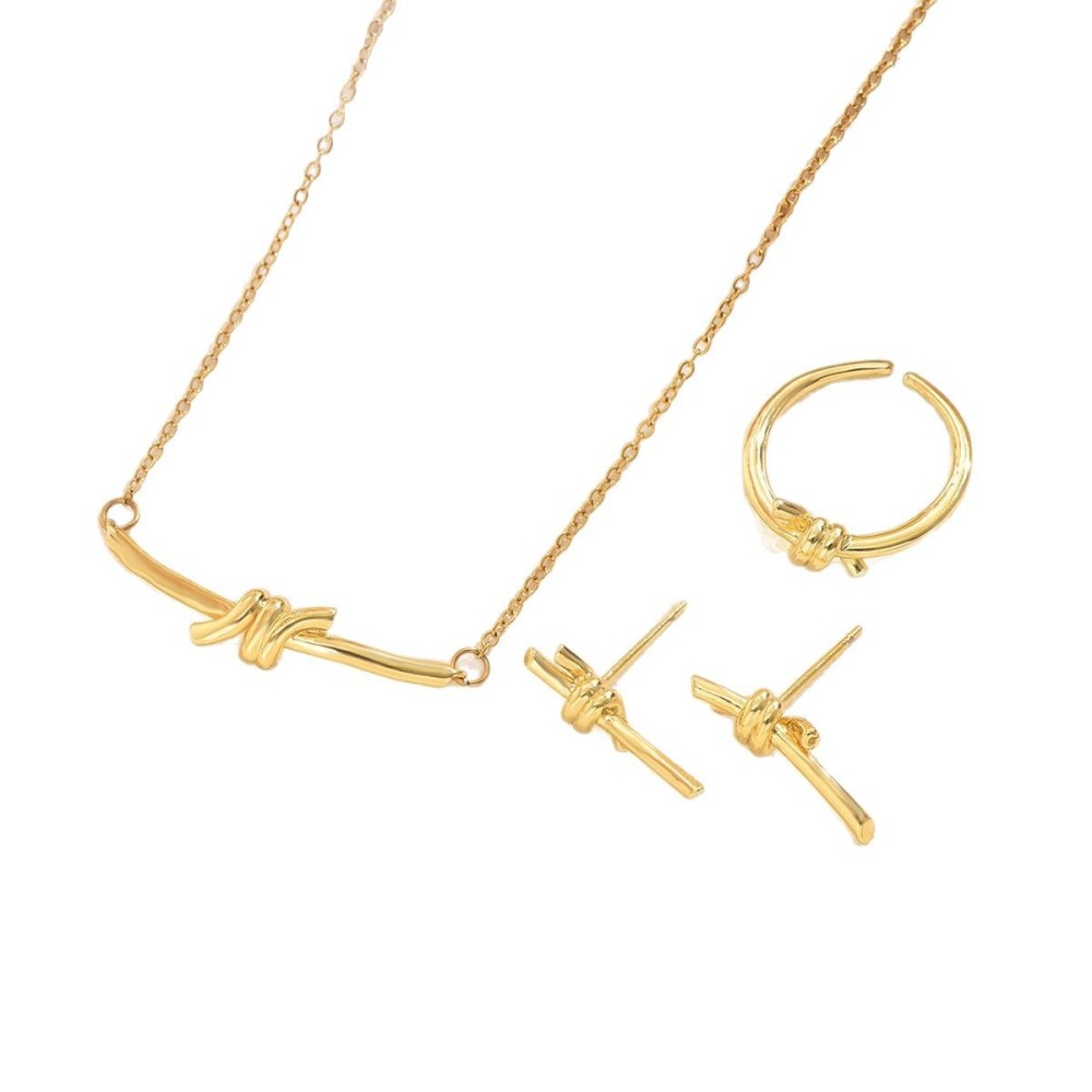 Simple Style Golden Chain Necklace Earrings Ring Set Fashionable Knot Shape Jewelry Display Sweet Stainless Steel Accessories